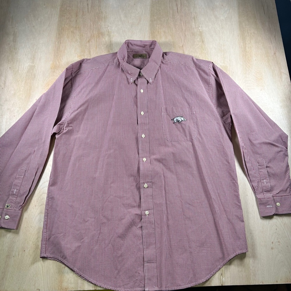 Vesi Sportswear Arkansas Razorbacks Gingham Button Down Shirt Mens XL Red White